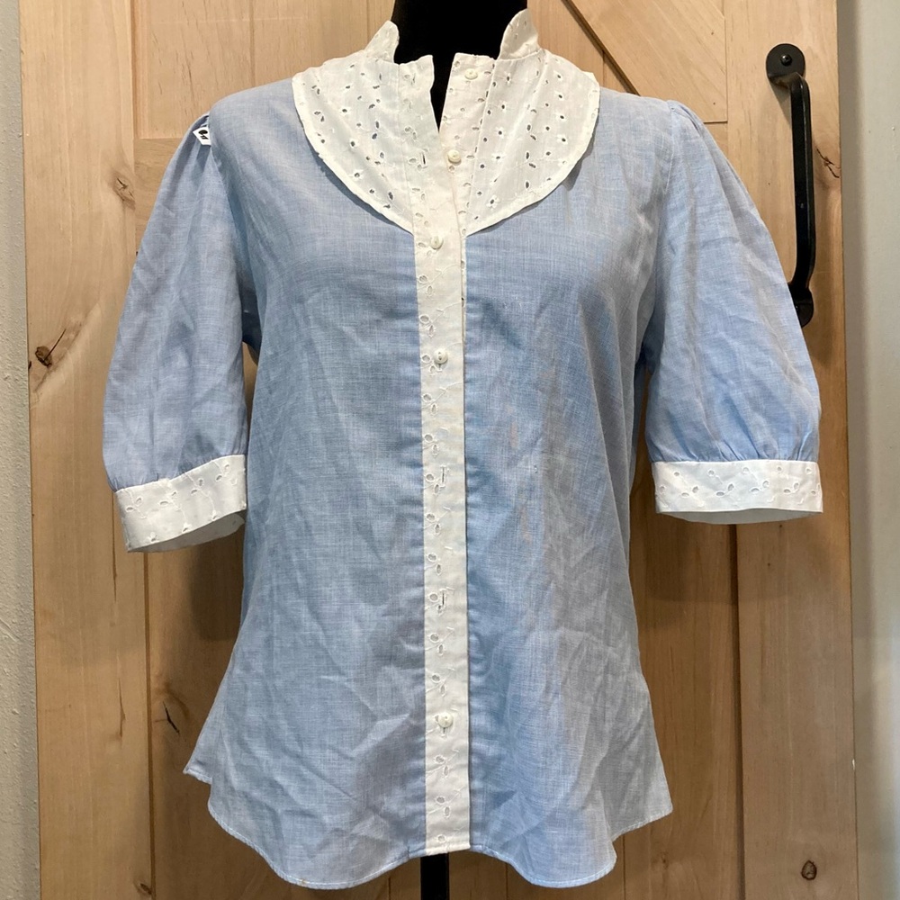 Vintage Blouse Light Blue with White Eyelet Trim and Puffy Shoulders